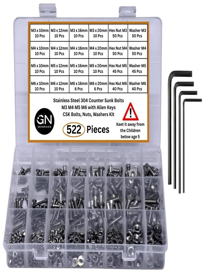 GENERASIS CSK Countersunk Allen Head Bolt Set - M3 M4 M5 M6 Sizes - 304 Stainless Steel Flat Head Allen Cap Screws with Hex Nuts, Washers & Allen Keys - 522-Piece Full Thread Assortment Kit - Image 1